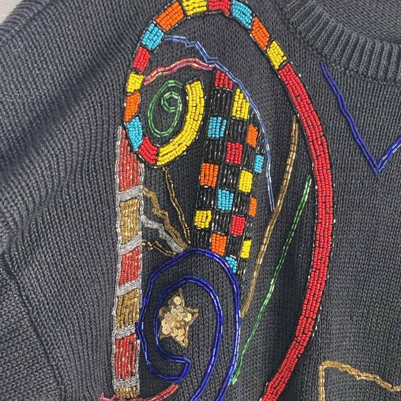 Vtg Sequin Beaded Star Print Sweater Rainbow Waves Medium Made in Hong Kong - Picture 7 of 16